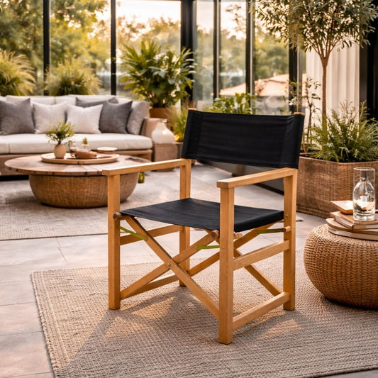 Teak Klappstuhl REGIE natural – Outdoorstoff schwarz Wintergarten