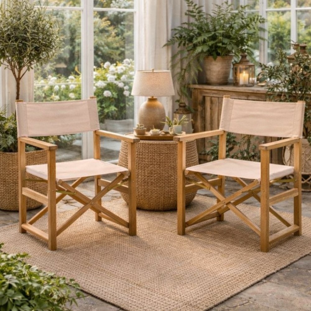 Teak Klappstuhl REGIE natural – Outdoorstoff beige stone