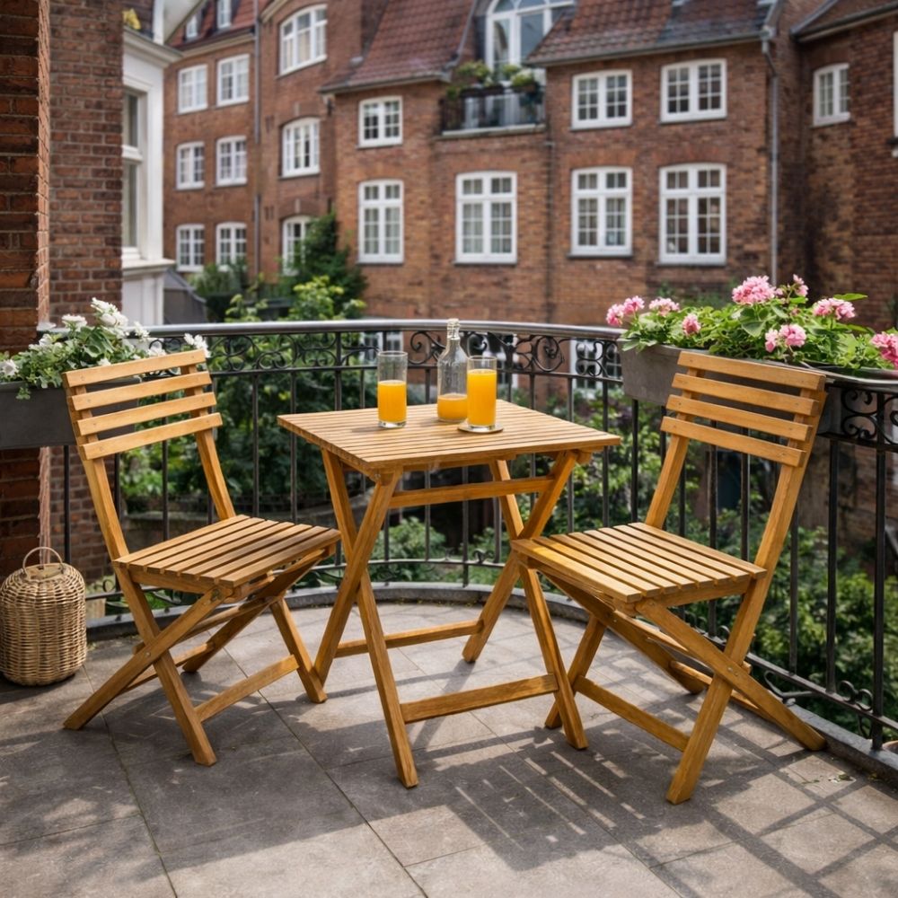 Teak Set BISTRO – 3-tlg. Balkonmöbel Balkonset Stühle + Tisch – LebensWohnArt