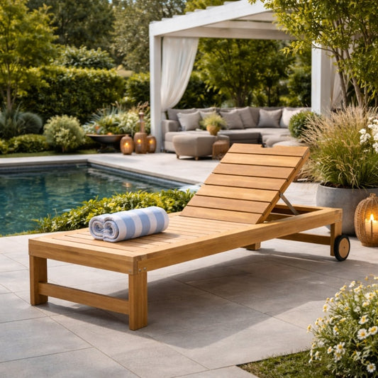 Teak Sonnenliege LUKA 200cm mit Rollen – verstellbar Gartenliege