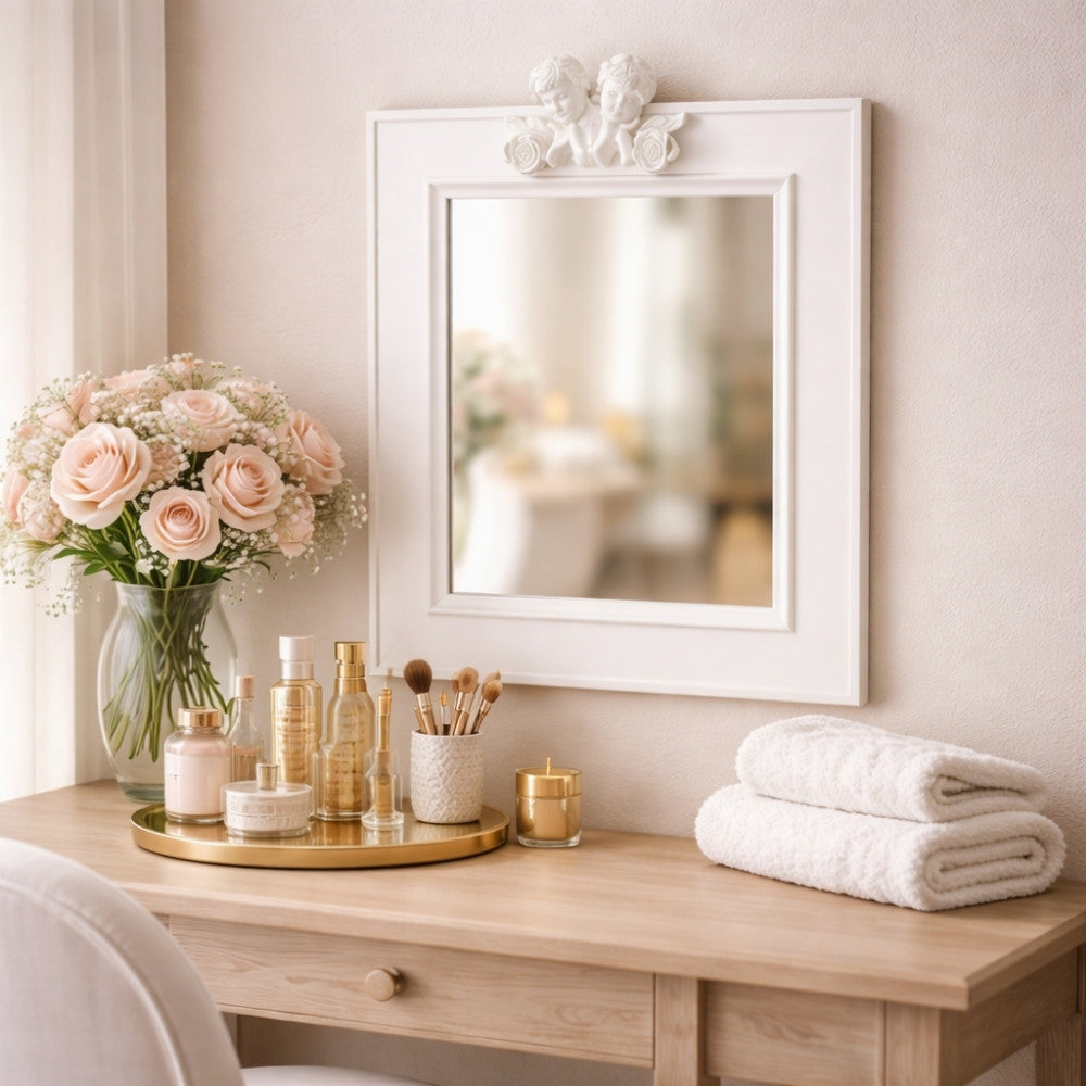 Spiegel ANGELO mit Engel-Ornament weiss 48x40cm Holzrahmen
