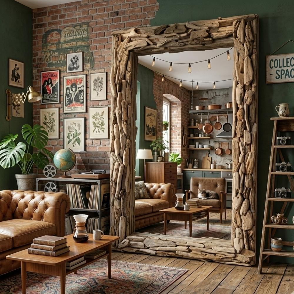 Unikat Spiegel MOSAIK 200cm Treibholz grau-braun Massivholz