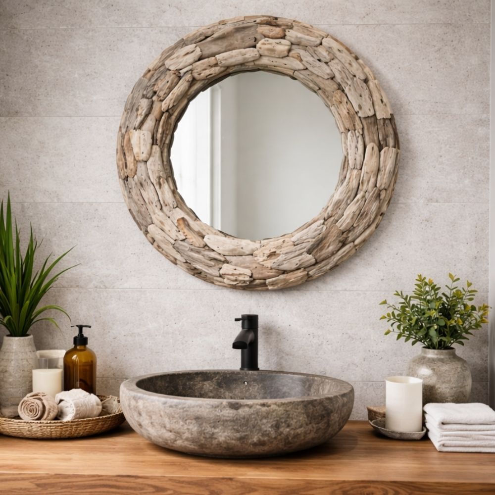 Unikat Spiegel MOSAIK 60cm rund Treibholz grau-braun Massivholz