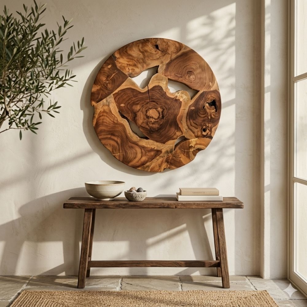 Wand-Deko aus Teakholz BAGIAN rund 60 cm Unikat Wandbild
