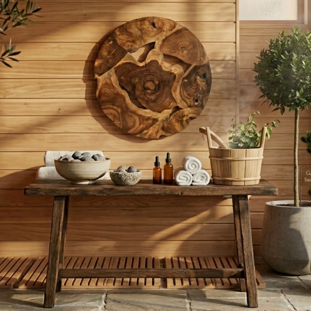 Wand-Deko aus Teakholz BAGIAN rund 40 cm Unikat Wandbild