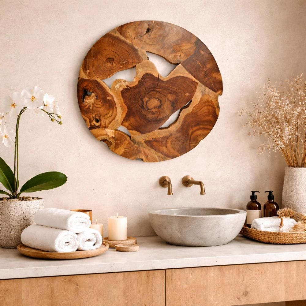 Wand-Deko aus Teakholz BAGIAN rund 40 cm Unikat Wandbild