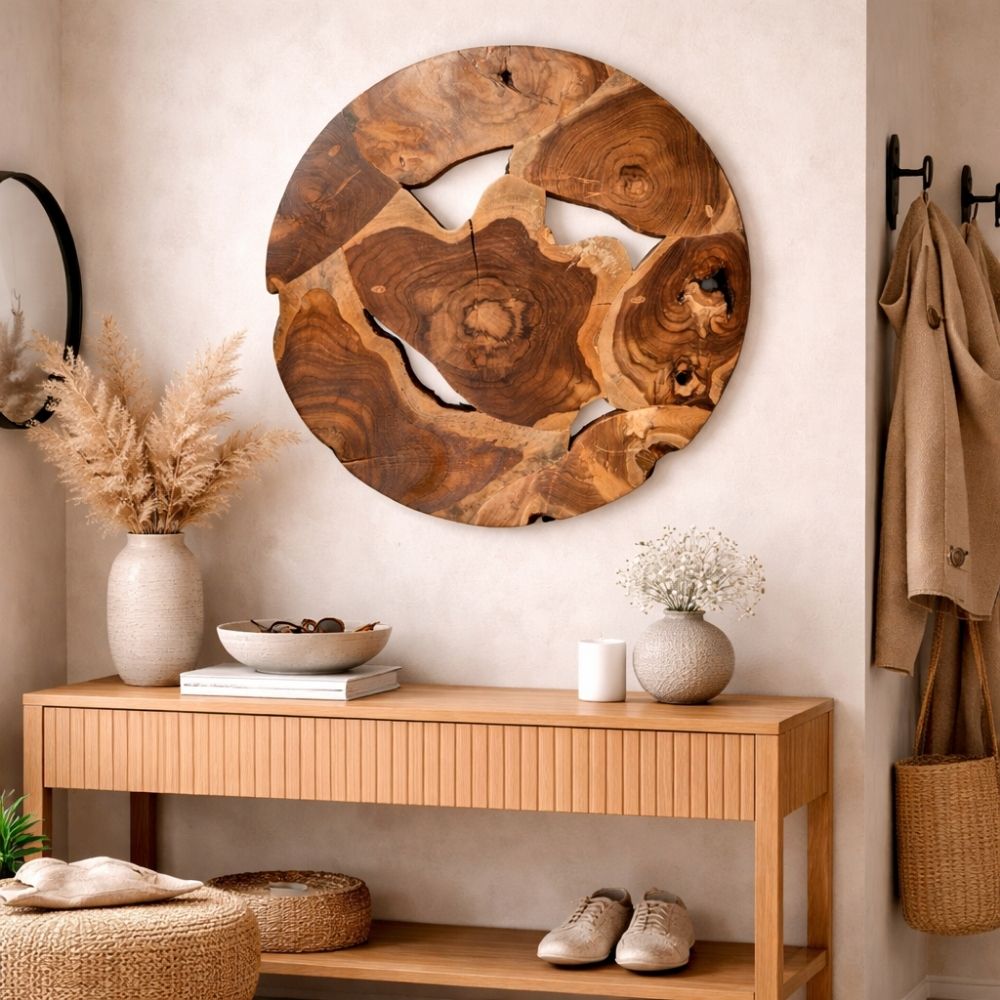 Wand-Deko aus Teakholz BAGIAN rund 60 cm Unikat Wandbild – LebensWohnArt