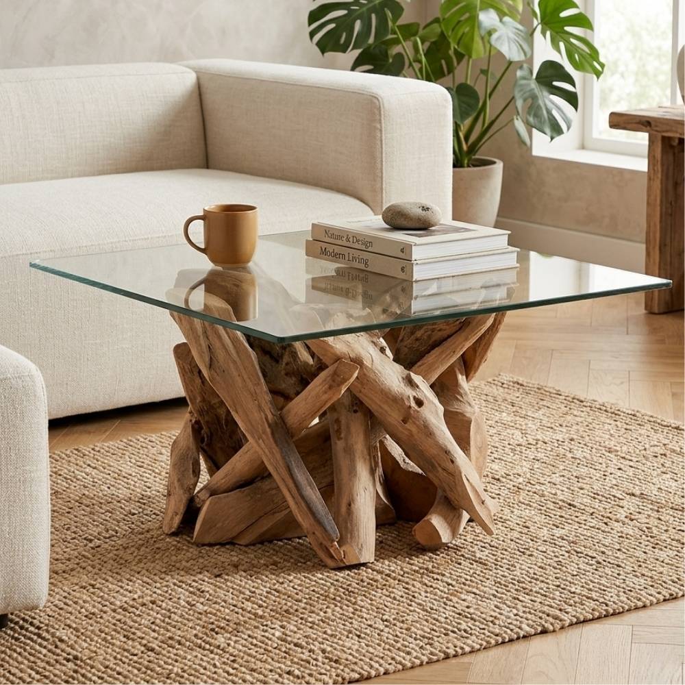 Individueller Teak Couchtisch TORA-eckig Glasplatte 80x80cm