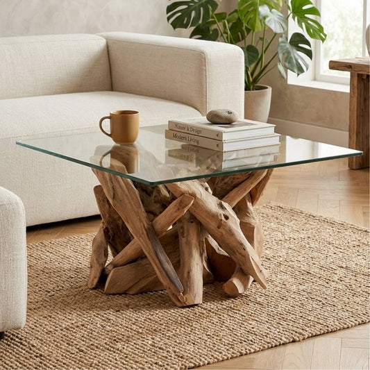 Individueller Teak Couchtisch TORA-eckig Glasplatte 80x80cm