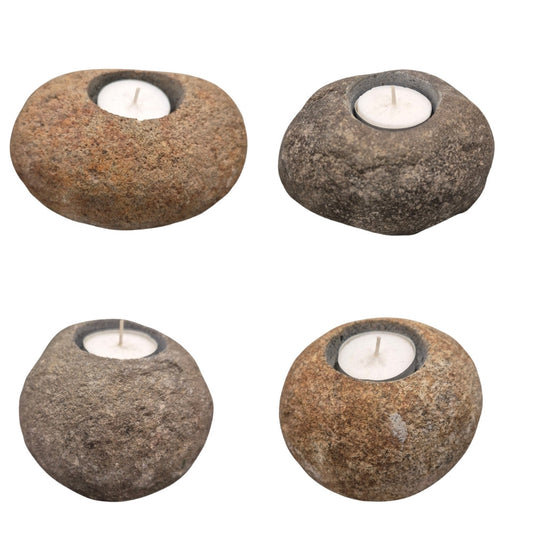 4er Set Teelichthalter Flussstein Unikate Eicherbecher Handarbeit