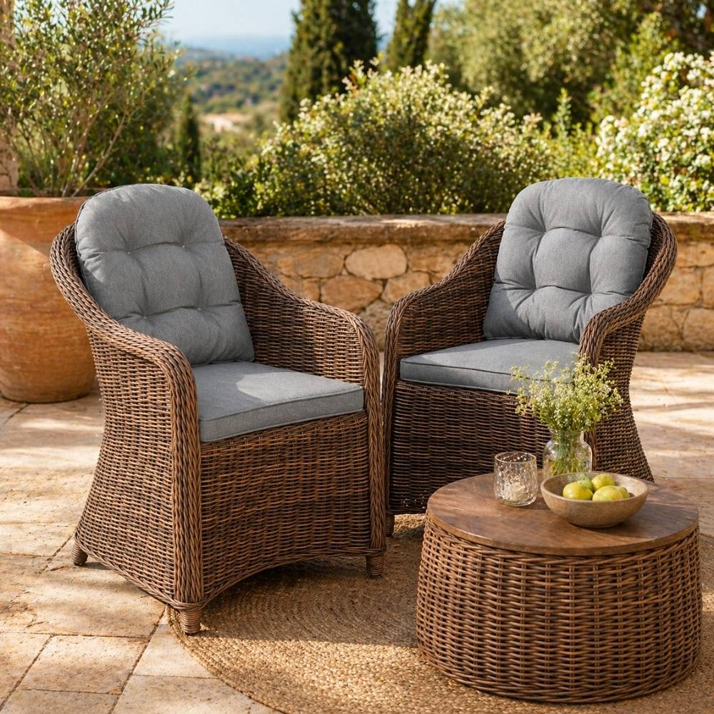 2er Set Sessel BELLA rundes Polyrattan Natural-Brown Gartenstuhl