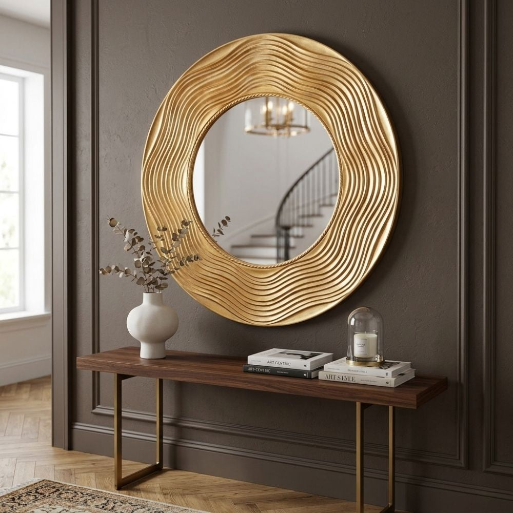 Moderner Spiegel GIRO 100cm gold rund Holzrahmen