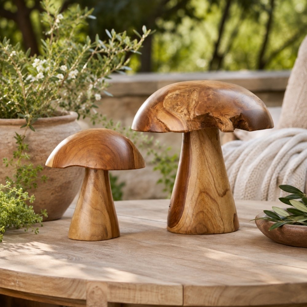 2er Set Teak-Deko-Pilze JAMUR 35cm natürliche Holzdeko Garten