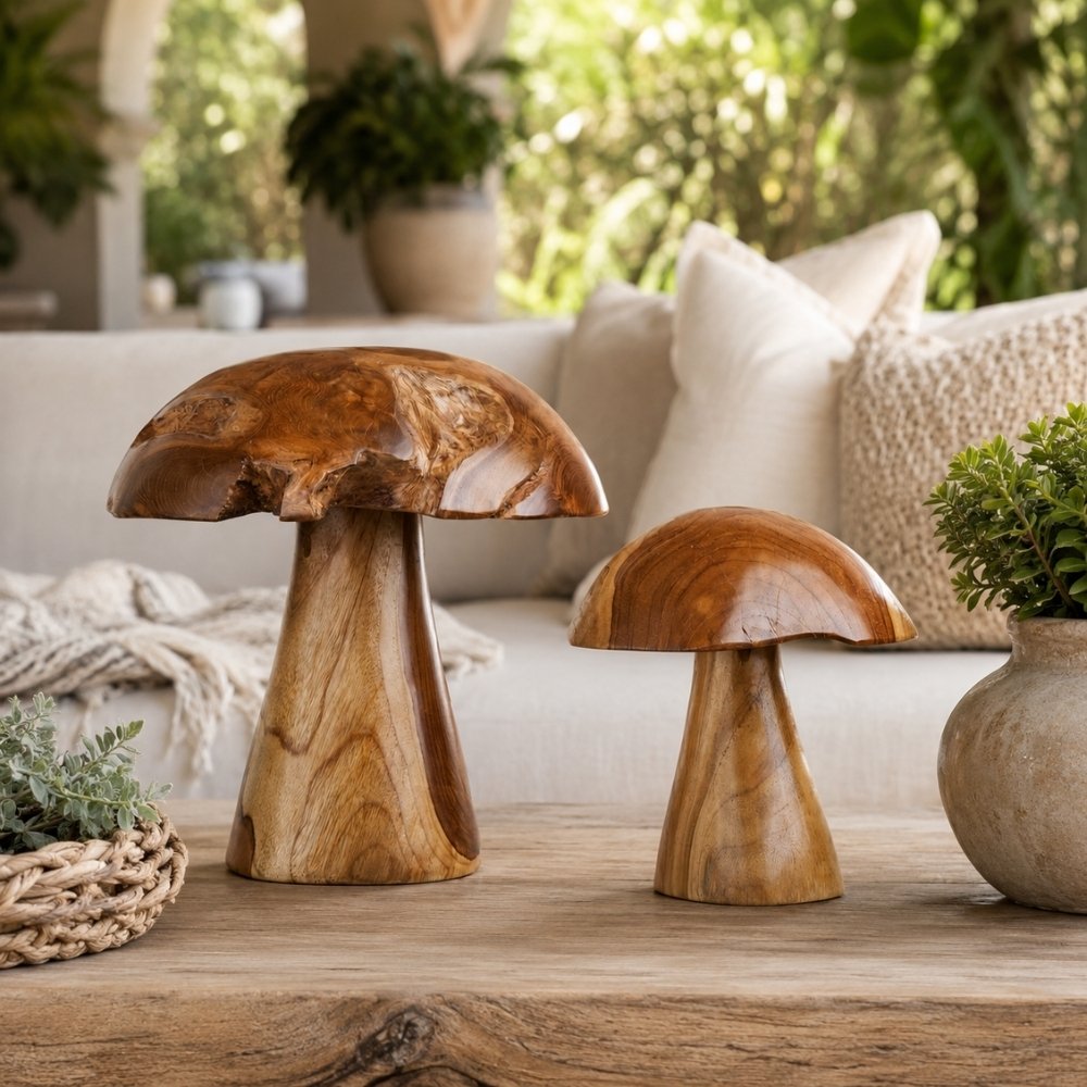2er Set Teak-Deko-Pilze JAMUR 35cm natürliche Holzdeko Garten