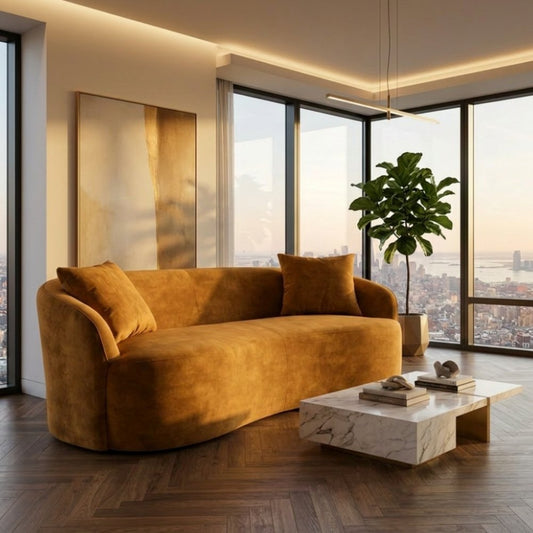 Design Sofa ARCO senfgelb 2-Sitzer Couch Samt 180 cm Federkern