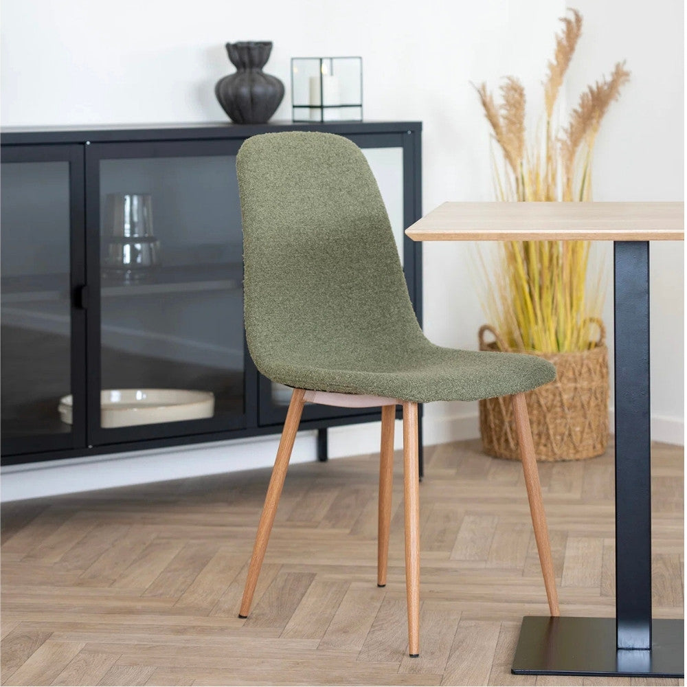 2er Set Esszimmerstuhl MALMÖ dunkelgrün Bouclé Holzlook-Beine