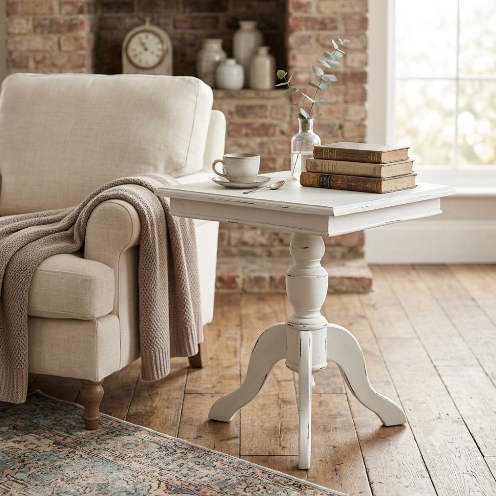 Massivholz Landhaus Beistelltisch TIGA 60cm antik-weiss Shabby Chic
