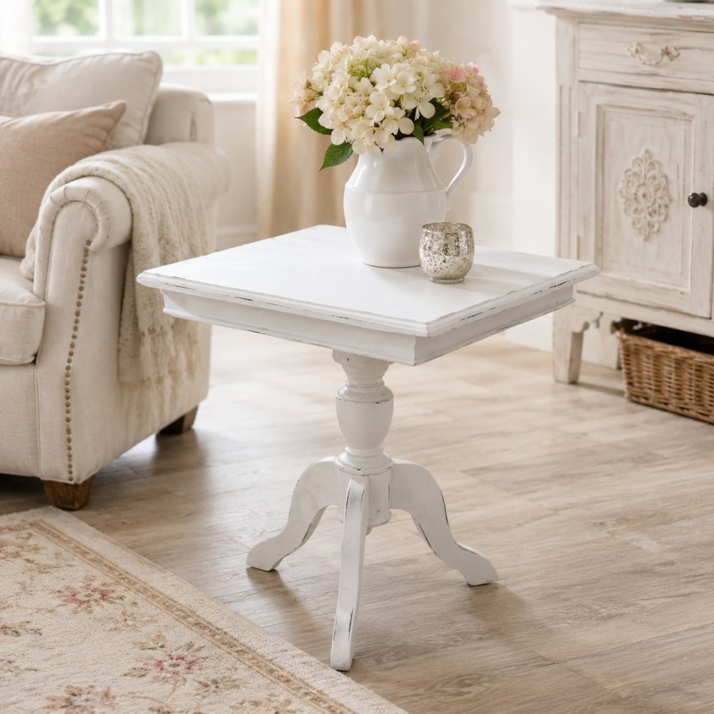 Massivholz Landhaus Beistelltisch TIGA 60cm antik-weiss Shabby Chic