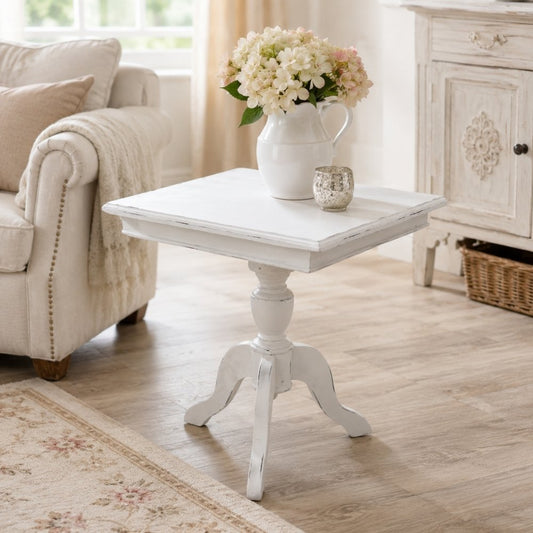 Massivholz Landhaus Beistelltisch TIGA 60cm antik-weiss Shabby Chic