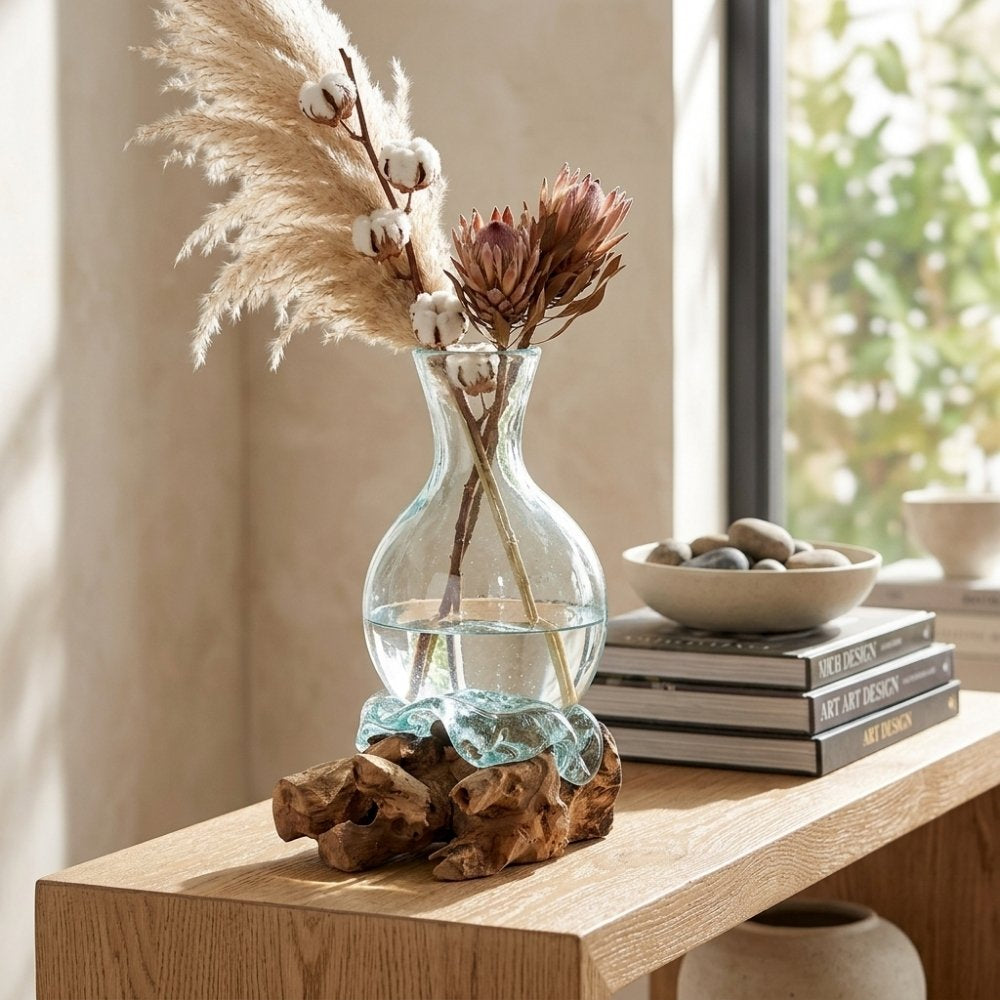 Individuelle Teak Blumenvase DROP ca. H45cm Unikat Glas-Kunstwerk
