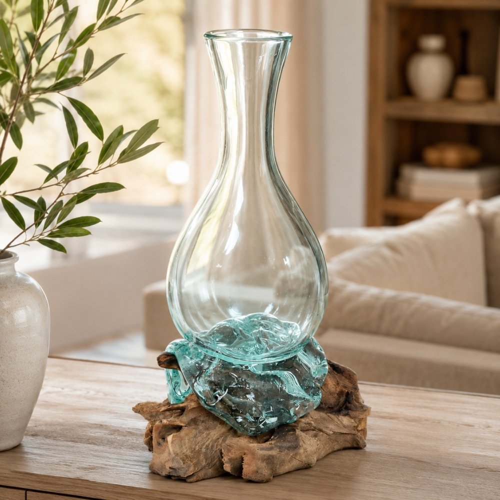 Individuelle Teak Blumenvase DROP ca. H45cm Unikat Glas-Kunstwerk