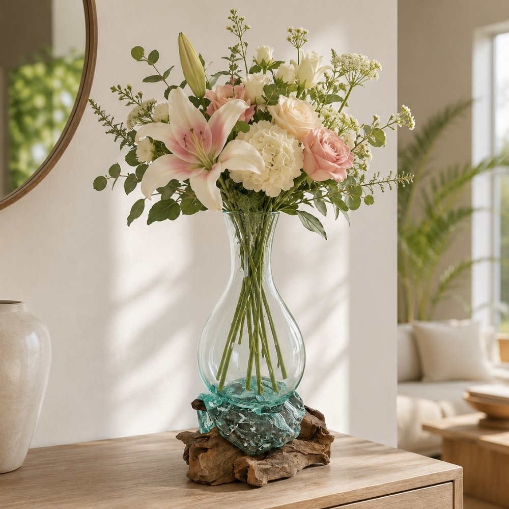 Individuelle Teak Blumenvase DROP ca. H45cm Unikat Glas-Kunstwerk