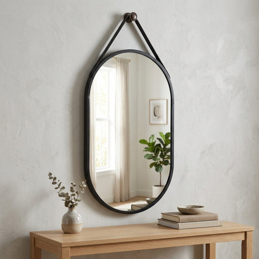 Moderner Spiegel PANIR 60cm oval schwarzer Metallrahmen Gurt
