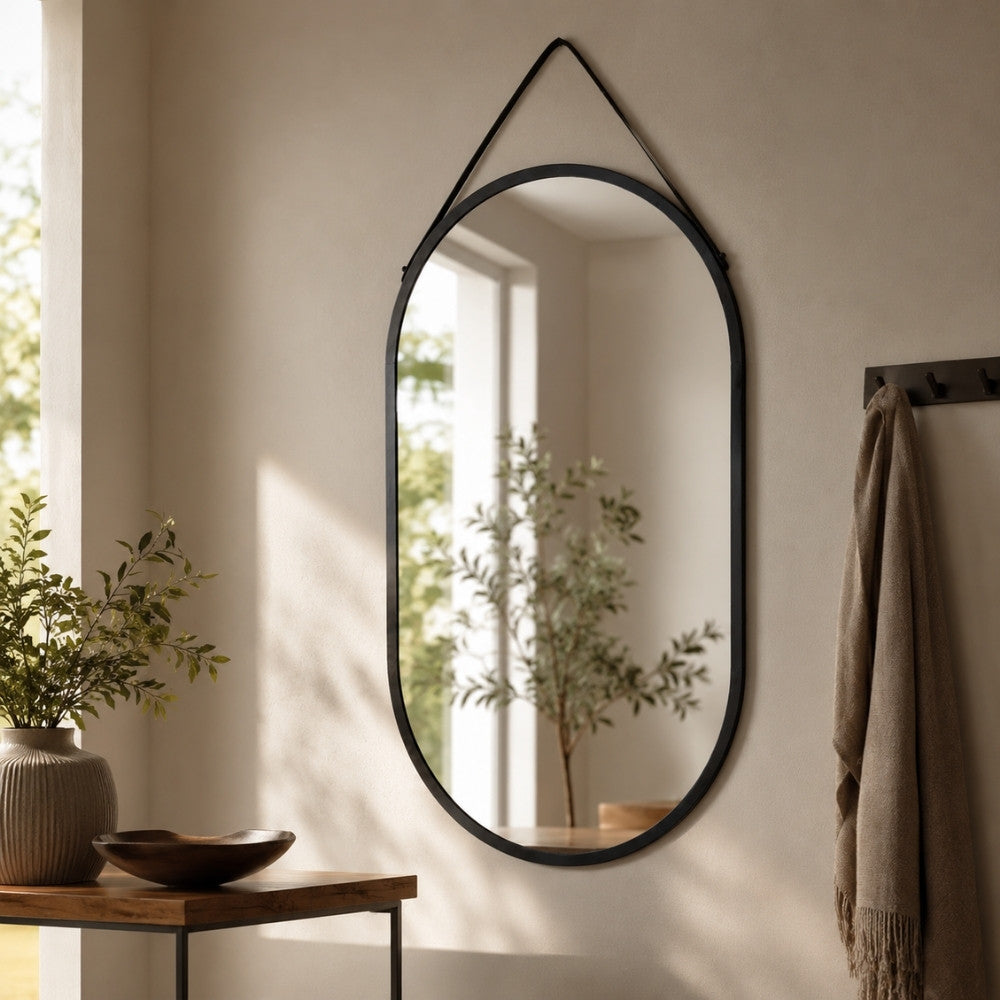 Moderner Spiegel PANIR 60cm oval schwarzer Metallrahmen Gurt