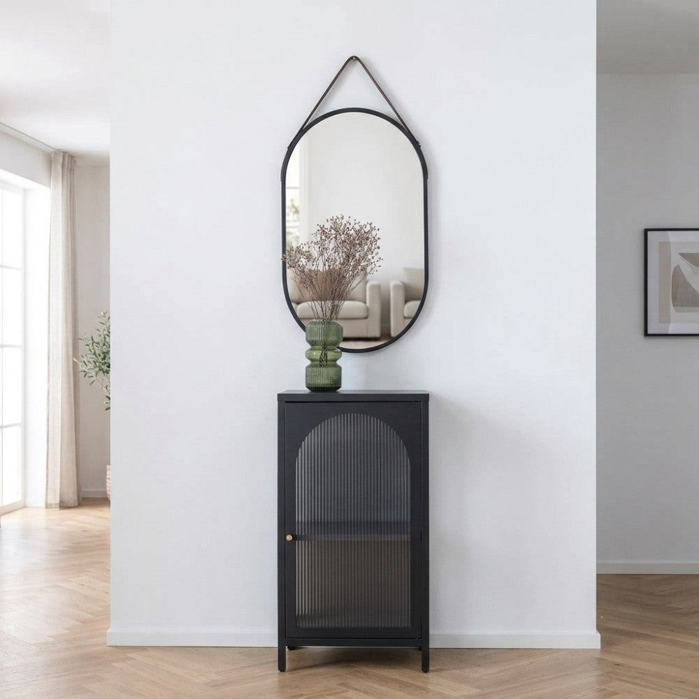 Moderner Spiegel PANIR 60cm oval schwarzer Metallrahmen Gurt