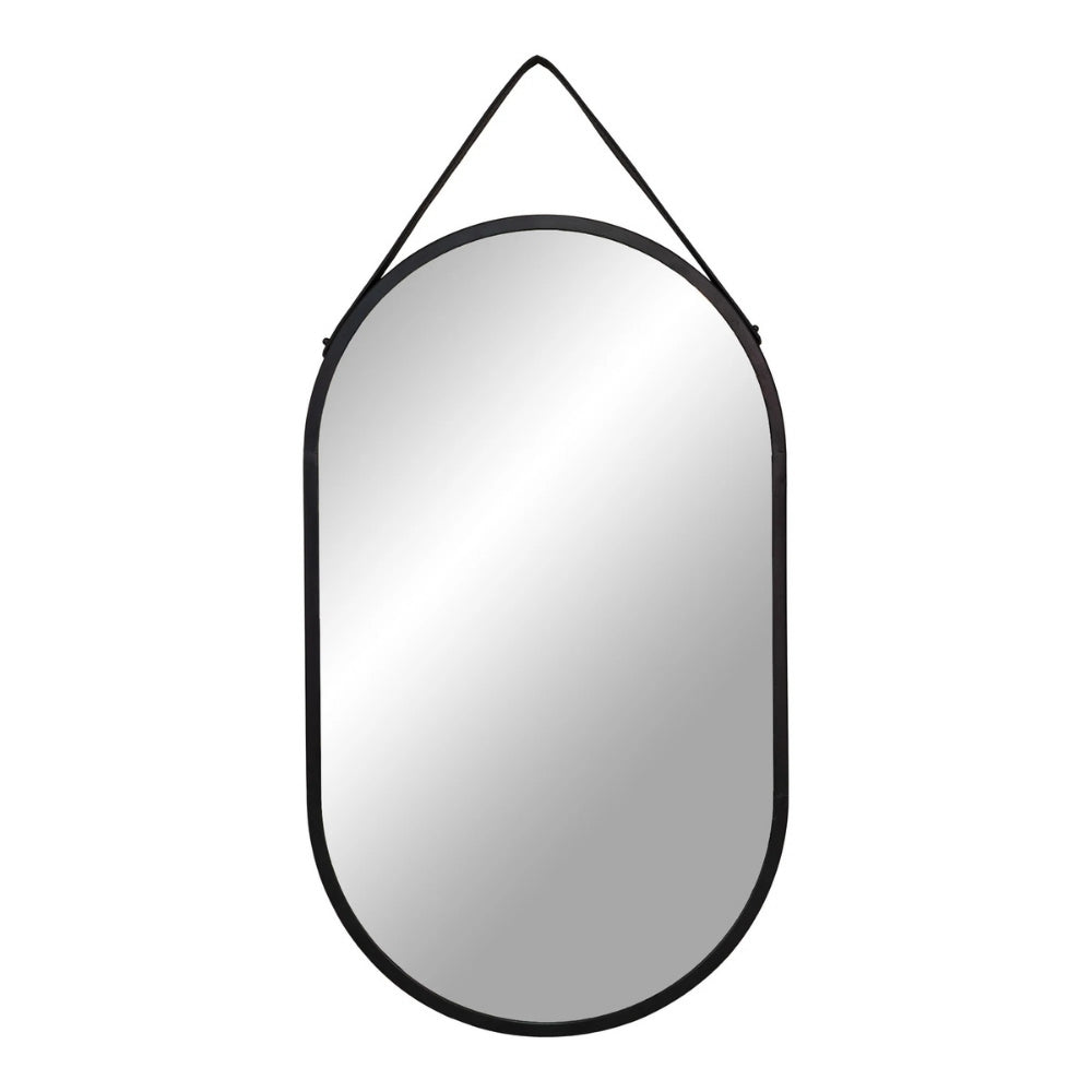 Moderner Spiegel PANIR 60cm oval schwarzer Metallrahmen Gurt