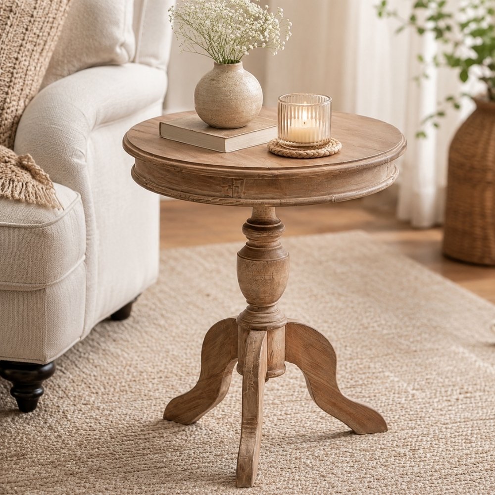 Romantischer Beistelltisch TIGA D50cm Antik-Natural Massivholz