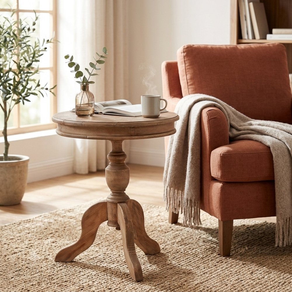 Romantischer Beistelltisch TIGA D50cm Antik-Natural Massivholz