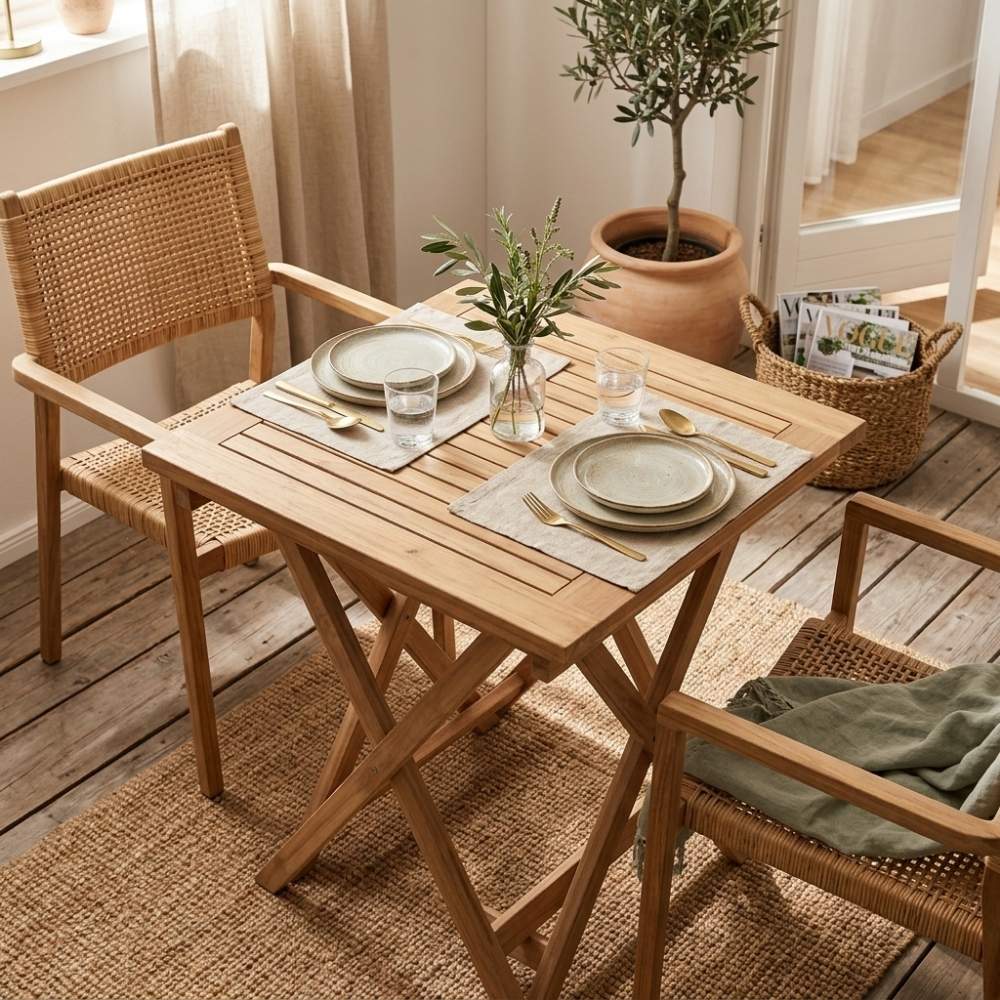 Klappbarer Teak Esstisch KURSI 60x60cm Natural Balkontisch