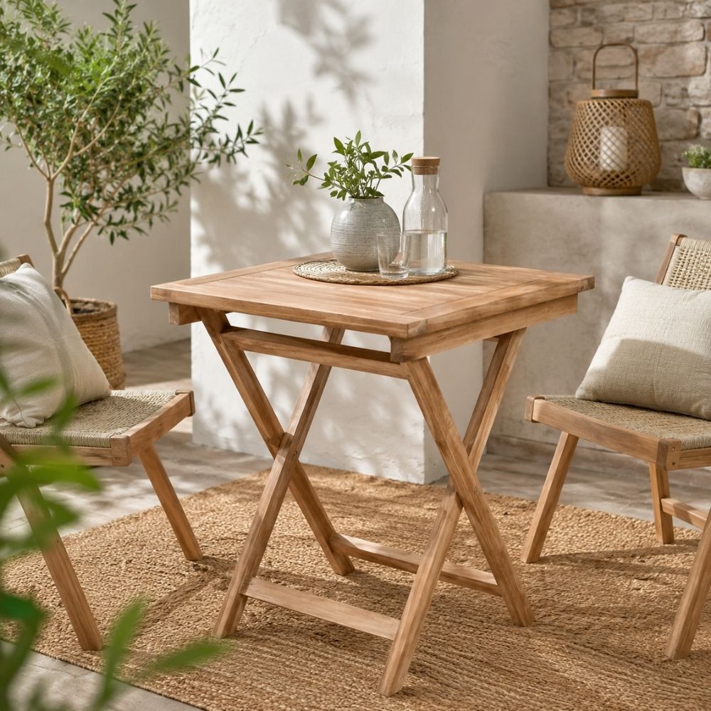 Klappbarer Teak Esstisch KURSI 60x60cm Natural Balkontisch