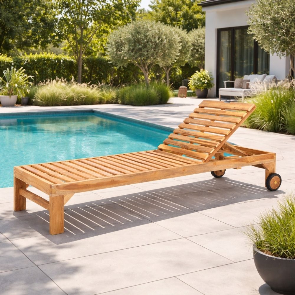 Teak Sonnenliege LUKA 200cm mit Rollen – verstellbar Gartenliege