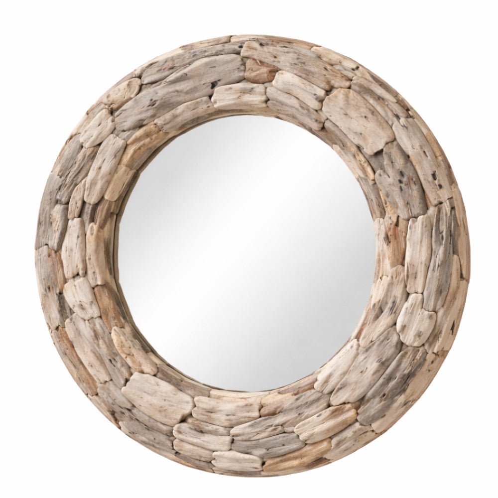 Unikat Spiegel MOSAIK 80cm rund Treibholz grau-braun Massivholz