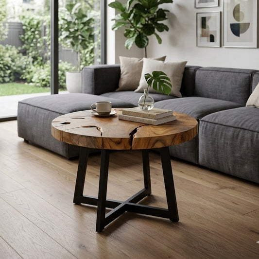 Runder Massivholz Couchtisch BAGIAN 80cm Teak natural Metall