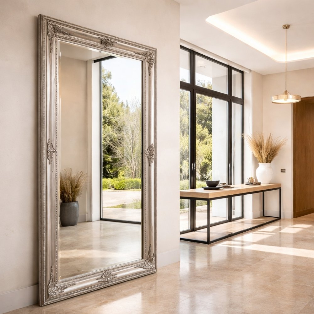 Romantischer Barock Spiegel EVE Silber-Antik ca. 180x100cm