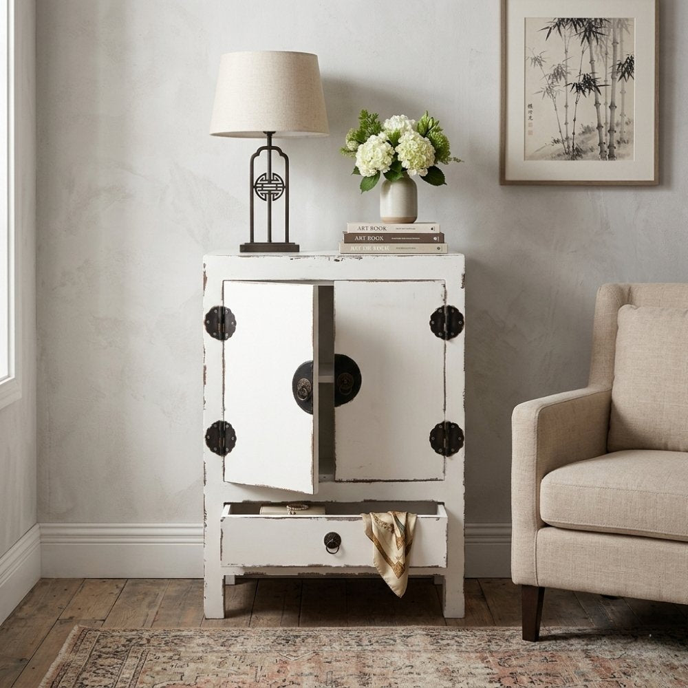 Massivholz Kommode ASIA 85cm Shabby Weiß