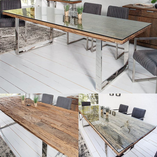 Unikat Esstisch OLD TEAK 200cm inkl. Glasplatte und Stahlgestell
