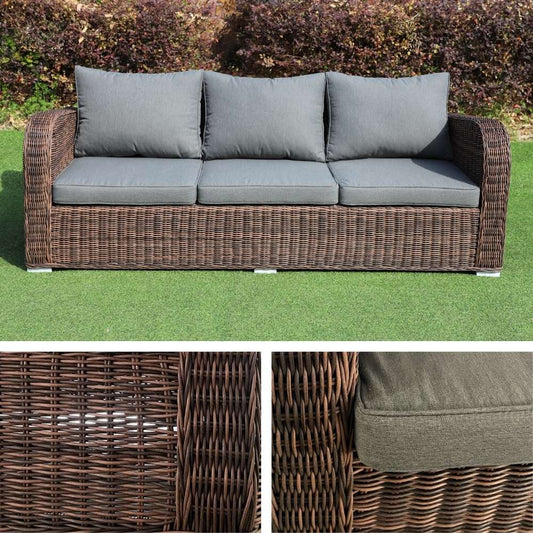 3er Lounge Sofa VITA rundes Polyrattan Natural-Brown Gartenmöbel