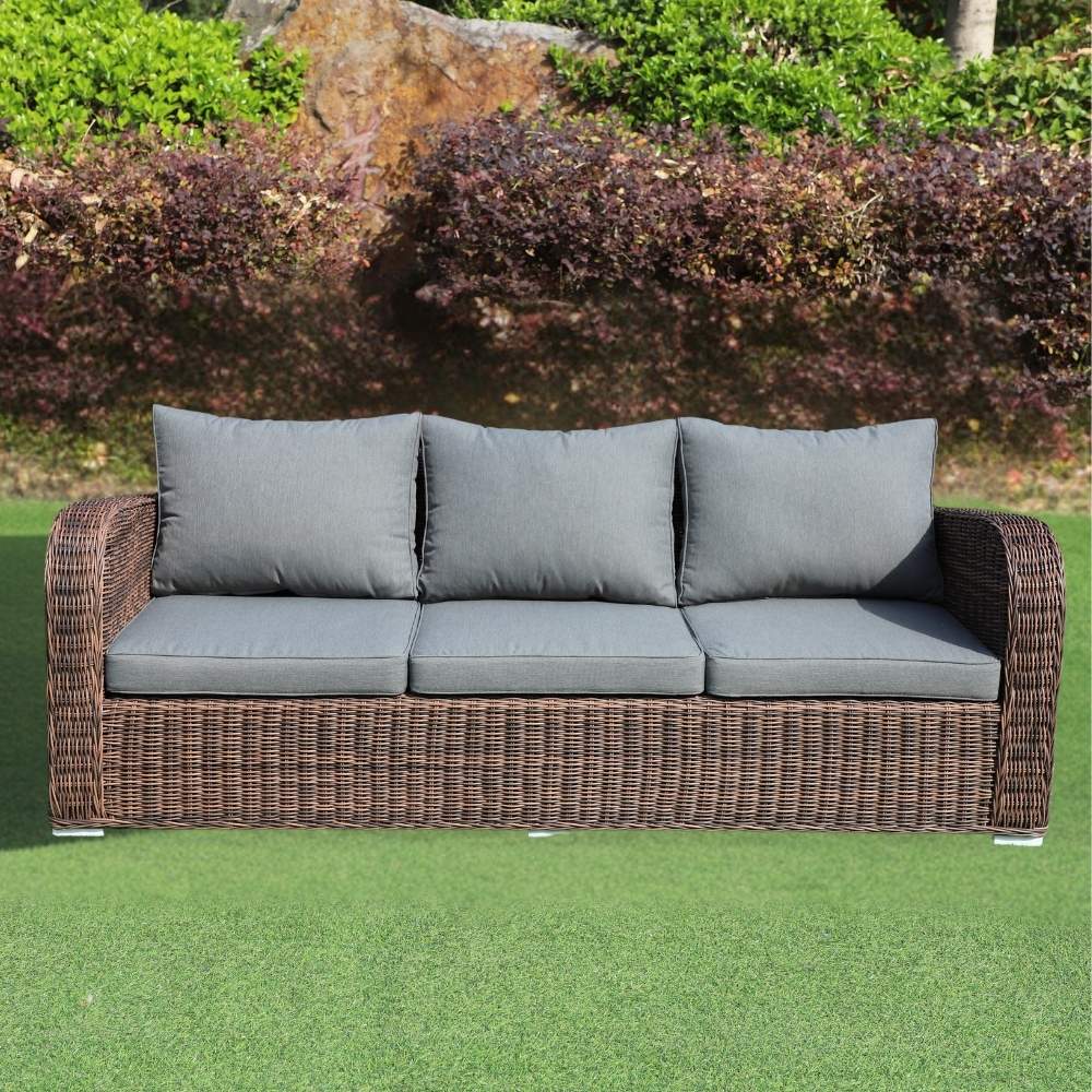 3er Lounge Sofa VITA rundes Polyrattan Natural-Brown Gartenmöbel