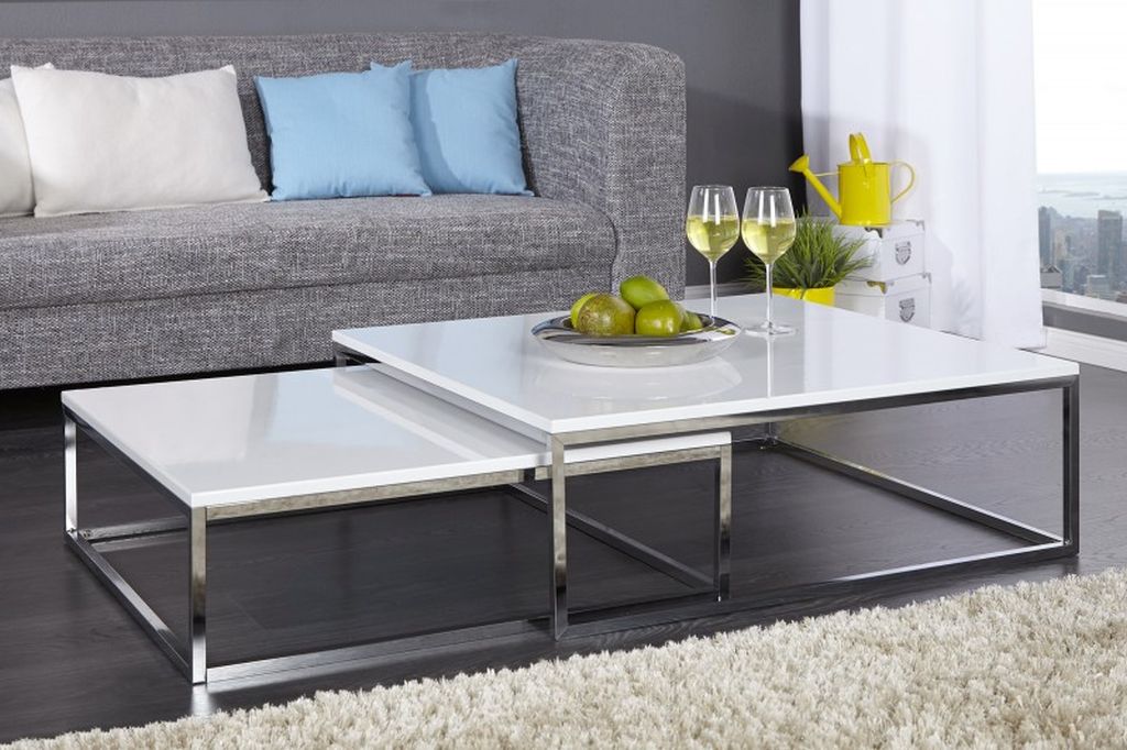 2er Set Design Couchtisch MENTO weiss hochglanz 75cm Edelstahl – LebensWohnArt
