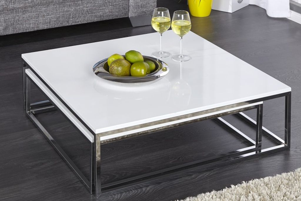 2er Set Design Couchtisch MENTO weiss hochglanz 75cm Edelstahl – LebensWohnArt