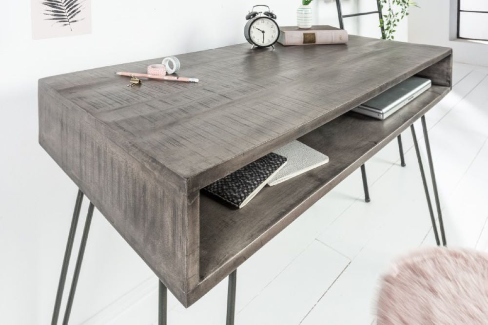 Industrie-Look Schreibtisch ALINA 100cm grau Mangoholz Metallbeine