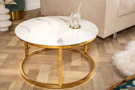 Eleganter Couchtisch MARMO 60cm weiss Marmor-Dekor goldenes Gestell
