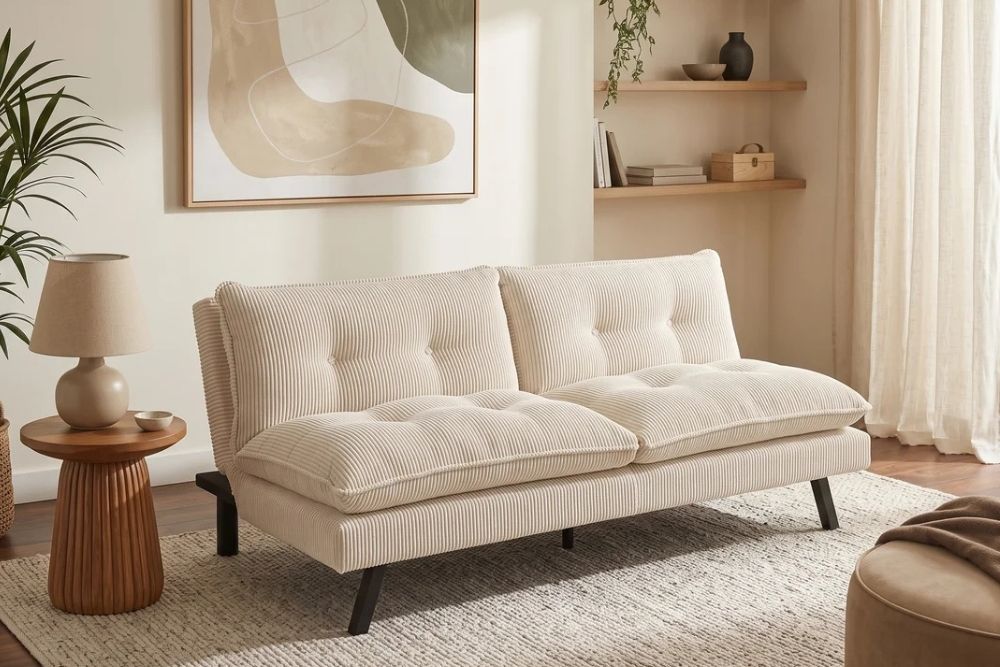 Schlafsofa CAPULO Beige Cord 190cm 3-Sitzer Couch modern