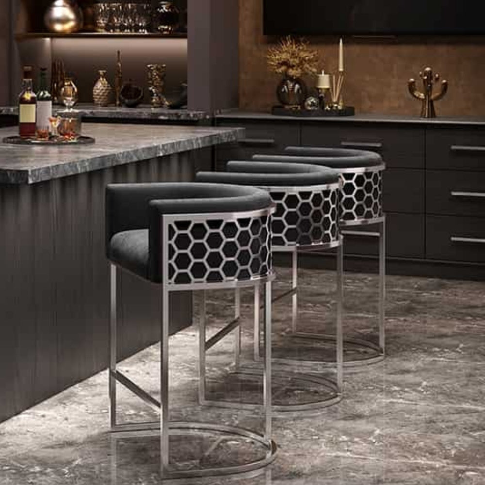 Edler Barhocker LEGANZA grau Samt silber Edelstahl Armlehne